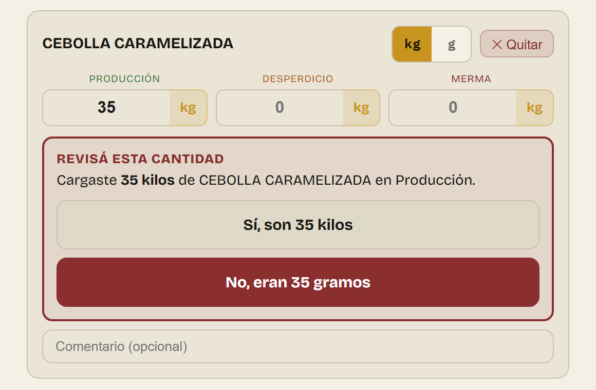 El cartel rojo que dice Revisá esta cantidad, con los botones Sí son 35 kilos y No eran 35 gramos
