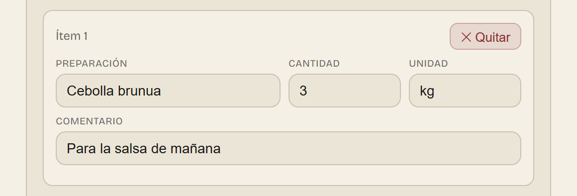 Una tarjeta de pre producción con el nombre de la preparación, la cantidad y la unidad