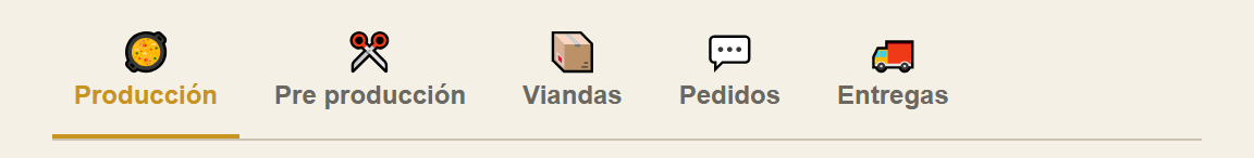 La barra de pestañas de la app, con Producción y Pre producción