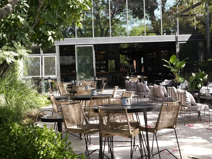 Patio de día con mesas bajo los árboles y la barra al fondo